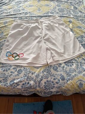 Pieces White Athletic Mesh Shorts with Olympic Rings Embroidery